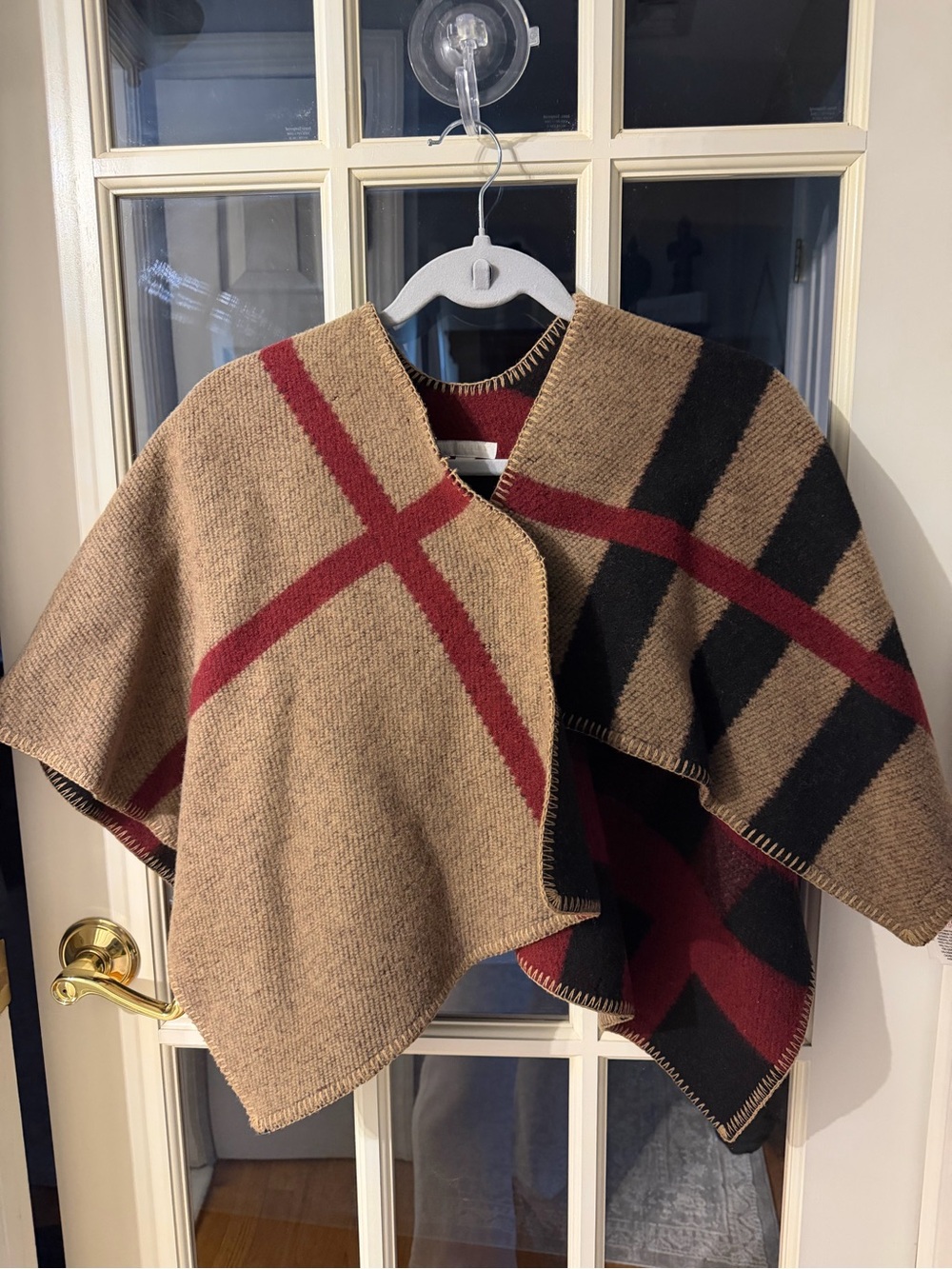 Burberry Kids Plaid Wool Cape in Tan, Red & Black